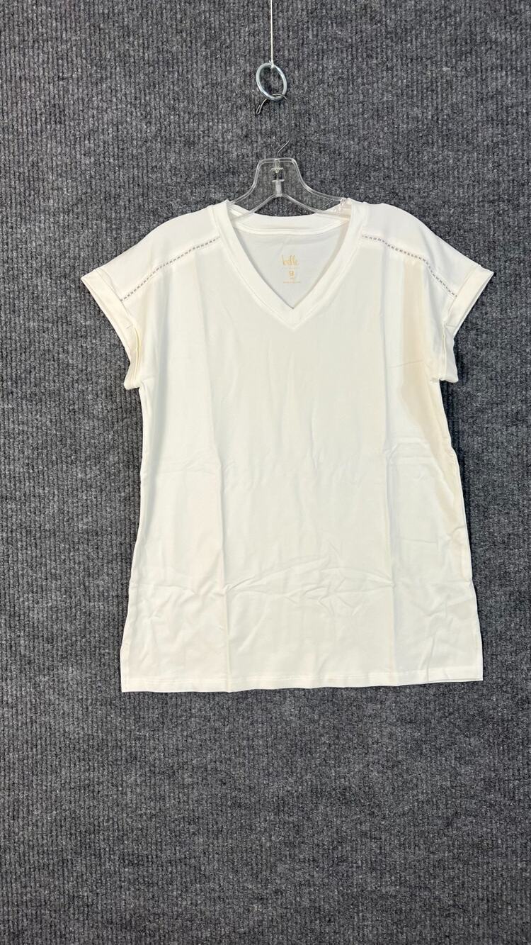 Belle Kim Gravel Top Womens XXS Ivory Knit Short Sleeve V Neck Relaxed Casual
